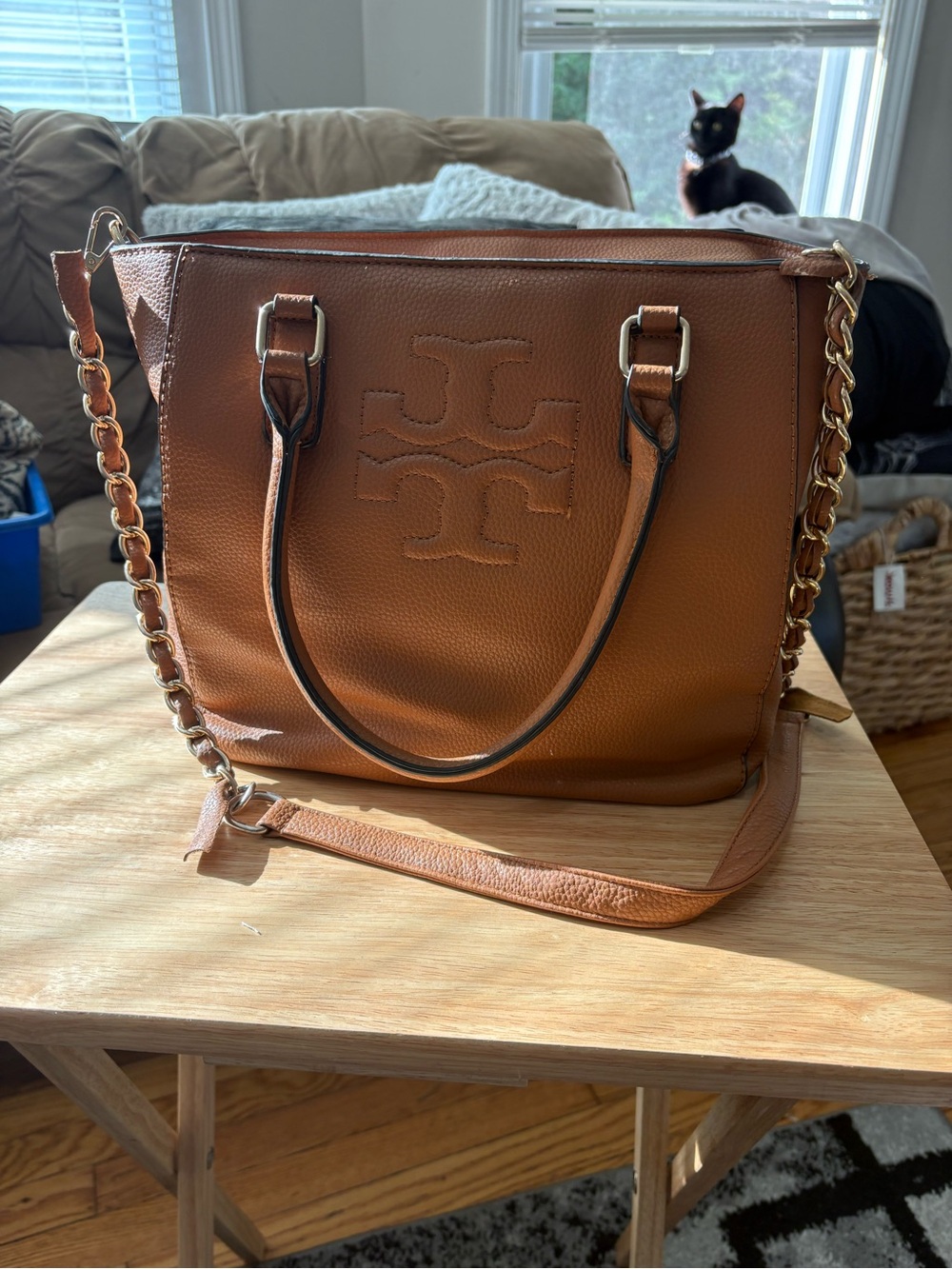 Tory Burch Tan Leather Shoulder Tote with Gold Chain